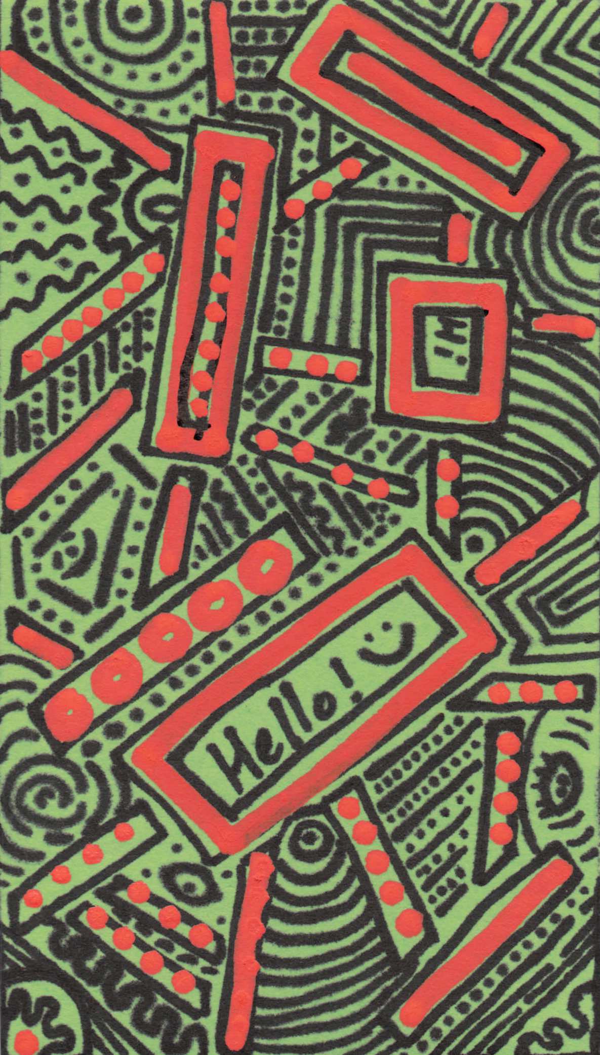 Contact Card. Black and orange graphic design on Leaf Green card.
